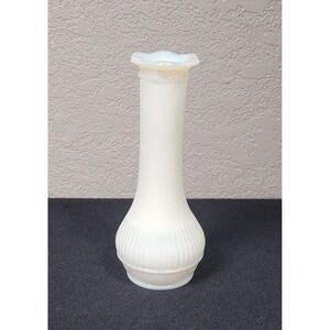 Randall White Milk Glass Bud Vase Ribbed Body w/ Ruffled Rim Vintage 1960s